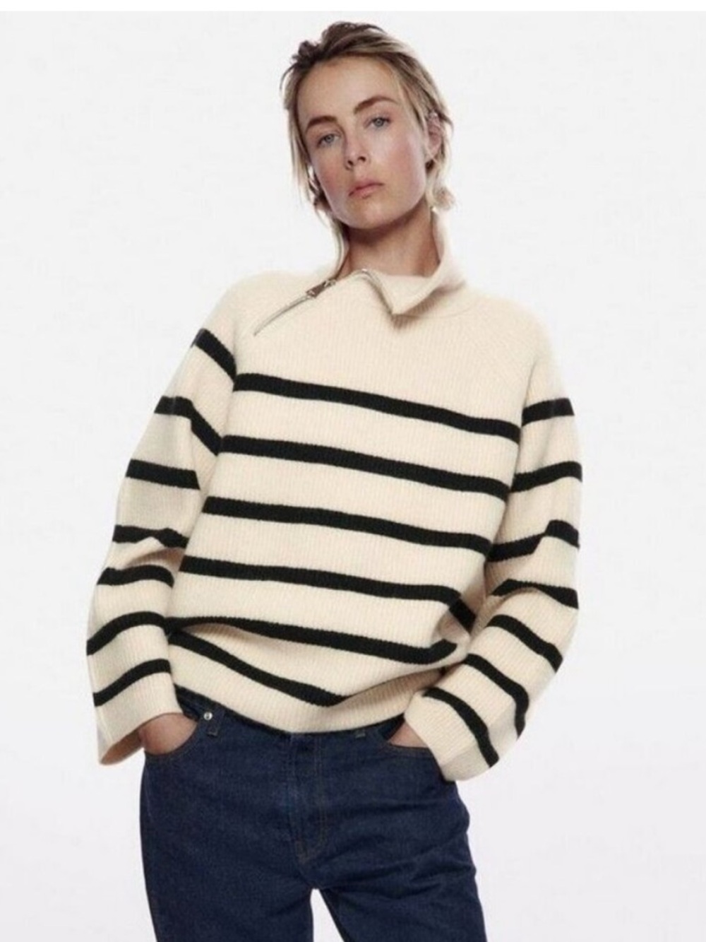 ZARA Striped Sweater with Zipper Collar Wide Cuffs Cream Black EUC Sz Large